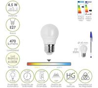 Bombilla led esferica rosca e27 4.5 watt. equivale a 55 watt. 470 lumenes. luz neutra (4000º k)