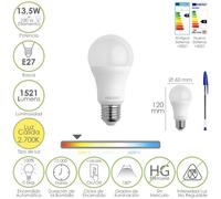 Bombilla led estandar rosca e27. 13,5 watt. equivale a 100 watt. 1521 lumenes. luz calida (3000º k.)