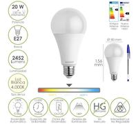 Bombilla led estandar rosca e27. 20 watt. equivale a 150 watt. 2452 lumenes. luz neutra (4000º k.)