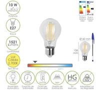 Bombilla led filamento standar rosca e27. 10 watt. equivale a 80 watt. 1521 lumenes. luz calida 2700º k.