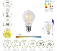 Bombilla led filamento standar rosca e27. 7 watt. equivale a 50 watt. 806 lumenes. luz calida 2700º k.