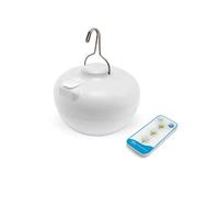 Bombilla led recargable sin cables Newgarden Cherry blanca, con 9W de potencia de luz cálida, mando, 3 intensidades de luz, gancho para colgar y puerto USB para cargarla