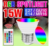 Bombilla LED RGB de 15W E27, lámpara inteligente E14 con Control remoto IR, foco colorido regulable GU10 para decoración de ambiente del hogar, luz de neón MR16