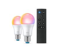 WiZ Pack de 2 bombillas con mando a distancia - Luz de color y blanca - Bombilla LED inteligente -E27-60 W - Conecta a Wi-Fi - Fácil de controlar, con tecnología SpaceSense
