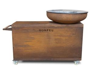 BonBiza: Cocina exterior para jardín, fabricada en acero corten, con plancha-parrilla, dimensiones 135x45 cm, diámetro de la plancha 80 cm