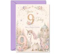 Bonita tarjeta de 9º cumpleaños, unicornio caprichoso y mariposas