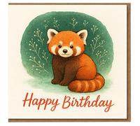 Bonita tarjeta de cumpleaños de panda rojo, adorable ilustración de animales en acuarela, interior en blanco, para niños, adolescentes o adultos