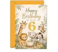 Bonita tarjeta de cumpleaños número 6, diseño de jirafa de acuarela