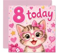 Bonita tarjeta de cumpleaños número 8, gatito brillante en copas de corazón con lazos
