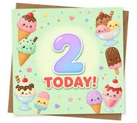 Bonita tarjeta de cumpleaños para niña o niño de 2 años, tarjeta de felicitación de helado Kawaii para niños, feliz segundo cumpleaños