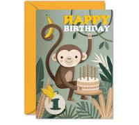 Bonita tarjeta de primer cumpleaños, risitas de la selva para su gran día
