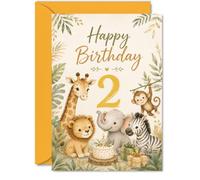 Bonita tarjeta de segundo cumpleaños, amigos de safari listos para fiestas
