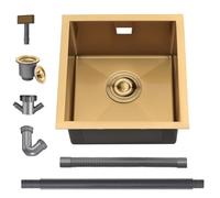 BoomHoze Fregadero Cocina 40 x 40 cm, Fregadero Acero Inoxidable, Oro | Fregadero Compatible Instalación sobre, bajo y a fleur de Encimera, Incluye Rebosadero y Cesta Filtro