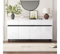 boorbin Aparador blanco brillante, 160 x 40 x 68 cm, cómoda con cajones, armario bajo y 2 puertas, estantes ajustables en altura, buffet para cocina, comedor, almacenamiento moderno de muebles (blanco