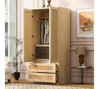 boorbin Armario 70 x 55 x 170 cm, diseño de puertas dobles, con cajones y estantes, puertas de ratán sintético, color madera