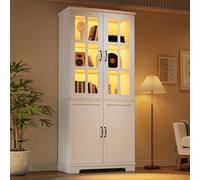 boorbin Armario alto con 2 rejillas de cristal y 2 puertas completas, 80 x 38 x 180 cm, estantería con 5 niveles, tablero de partículas, armario de vitrina estilo rústico para salón y cocina (blanco-1