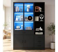 boorbin Armario alto con vitrina de cristal y LED, 120 x 35 x 200 cm, estantería con 13 zonas de almacenamiento, 4 cajones y puertas, vitrinas, armarios, para comedor y salón (negro)