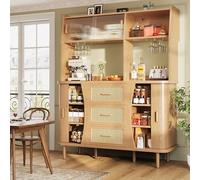 boorbin Armario buffet de alta calidad con aspecto de ratán y puertas correderas de cristal, armario de cocina de 174,5 cm de alto con espacio de almacenamiento (madera natural)