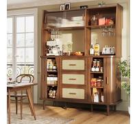 boorbin Armario buffet de alta calidad con aspecto de ratán y puertas correderas de cristal, armario de cocina de 174,5 cm de alto con espacio de almacenamiento (aspecto de nogal)