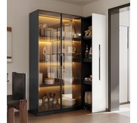 boorbin Armario Multifuncional de 110,5×35×160 cm, Vitrina con Puerta de Cristal e iluminación LED, cajón Lateral extraíble, Armario con Ruedas, Armario Alto de Estilo Moderno, librería