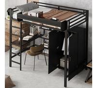 boorbin Cama de hierro, litera, adecuada para niños y adolescentes, con mesa y armario, amplios compartimentos, con escalera de 5 niveles, hierro+tablero de partículas, negro, 90 x 200 cm (205 x 95 x