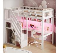 boorbin Cama de madera maciza 90 x 200, escalera con armario de almacenamiento, con escritorio, con enchufe USB y con luz LED, cuna, cama individual, marco de madera maciza (90 x 200 cm)