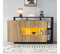 boorbin Moderno aparador LED de cristal para el comedor en color madera original MDF, armario de comedor LED para salón con control Bluetooth (color madera, 140 x 44 x 93,5 cm)