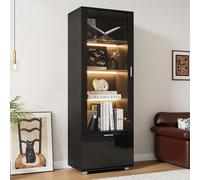 boorbin Vitrinas de cristal negro brillante con puertas de cristal, vitrinas de cristal iluminadas con LED, vitrinas para coleccionables, perfumes, estanterías y vitrinas de cristal (3 estantes) (1,