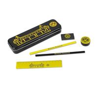 Borussia Dortmund - Juego de Escritura para niños con Caja de Metal, Set Escolar Negro y Amarillo, Regla, 2 lápices, Goma de borrar y sacapuntas - Artículo Escolar para niños y niñas