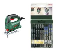 Bosch 0.603.3A0.700 Sierra de calar con maletín 240 V, Negro/Verde 500 W & 2 609 256 746 - Juego de hojas de sierra de calar de 10 piezas vástago en T
