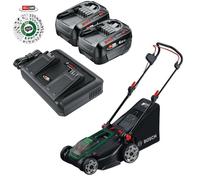 Bosch Cortacésped inalámbrico ROTAK18V2-43 (Ancho de Corte: 43 cm, Altura de Corte: 30-75 mm, Bolsa de césped de Tela de 40 l, Enchufe de mantillo, Incluye 2 baterías de 18 V y Cargador)