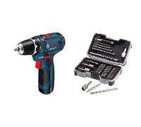Bosch GSR 10,8-2-LI Professional - Taladro (Ión de litio, 10.8 V, 2.0 Ah, 169 mm, 178 mm, 950 g) Negro, Azul + Set de brocas y puntas de atornillar (35 piezas)