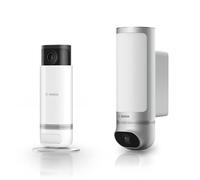 Bosch Juego de cámara de vigilancia Inteligente Smart Home, 1x Cámara Exterior II Plateada, 1x Cámara Interior II, resolución Full HD 1080p con Sirena de Alarma integrada, Compatible con Amazon Alexa