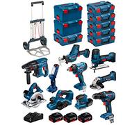 BOSCH Kit 18V BK1002 (GST 18V-LI S +GKS 18V-LI +GBH 18V-21 +GWS 18-125V-LI +GSR 18V-55 +GSA 18V-LI C +GDX 18V-180 +GLI 18V-300 +GHO 18V-LI +GSS 18V-10 + 3 Baterías 5,0Ah + Cargador + 8xL-Boxx + Carro)