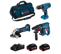 BOSCH Kit 18V BK305BAG (Martillo Perforador GBH 18V-21 + Taladro Percutor GSB 18V-21 + Amoladora GWS 18-125 V-LI + 2 Baterías de 5,0 Ah + Cargador + Bolsa)