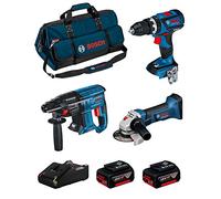 BOSCH Kit 18V BK308BAG (Taladro Percutor GSB 18V-60 C + Amoladora GWS 18-125 V-LI + Martillo Perforador GBH 18V-21 + 2 Baterías de 4,0 Ah + Cargador + Bolsa)