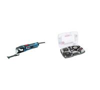 Bosch Multiherramienta, Negro/Azul, Karton + Set 5 Unidades para multiherramientas Starlock (para Madera, Metal, multimaterial y Materiales abrasivos, Accesorio de multicortador)