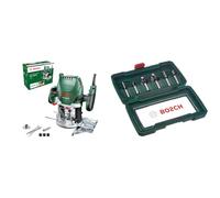 Bosch POF 1200 AE - Fresadora de superficie, fresa de ranurar, adaptador de aspirar, llave de boca,casquillo copiador, tope paralelo + Bosch 2607019463 - Set con 6 fresas con inserción de 8 mm