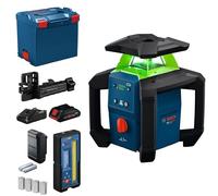 Bosch PRO 18V System Láser de Rotación GRL18V-4-34CVG (láser verde, ajuste de pendiente ±15%, IP66, doble alimentación, incl. receptor LR45 con soporte, ProCore 18V 4.0Ah, cargador y L-BOXX 374)