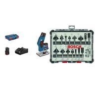 Bosch Professional 12V System GKF 12V-8 - Fresadora de cantos a batería (pinzas Ø 6 mm / 8 mm, 2 baterías, en L-BOXX) + Set Mixto de Brocas Fresadoras 15 Piezas (madera, vástago de Ø 8 mm, Accesorios)