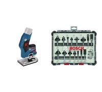 Bosch Professional 12V System GKF 12V-8 - Fresadora de cantos a batería (pinzas Ø 6 mm / 8 mm, sin batería, en caja) + Set Mixto de Brocas de 15 Piezas (para madera, vástago de Ø 8 mm, Accesorios)