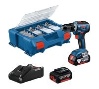 Bosch Professional 18V System atornillador a batería GSR 18V-55 (par máximo 55 Nm, 1800 rpm, incl. 2 baterías 4.0Ah, cargador GAL 18V-20, set con 82 accesorios, L-Case Pick & Click)