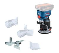 Bosch Professional 18V System fresadora corte batería GFK 18V-8 (incl. guía paralela, 2 adaptadores aspirador fresado, protección contra virutas, pinza sujeción de 8 mm, llave, sin batería/cargador)