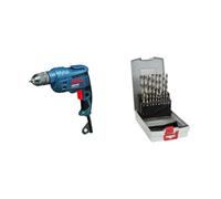 Bosch Professional GBM 10 RE - Taladro sin percusión (600 W, Ø max perforación acero 10 mm, en caja) + Set de 19 brocas para metal ProBox HSS-G, DIN 338, 135° - 1-10 mm (pack de 19)