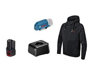 Bosch Professional GHH 12+18V XA - Sudadera calefactable a batería (con capucha, negra, talla L, batería 12V x 2.0 Ah)