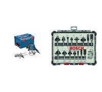 Bosch Professional GOF 1250 CE - Fresadora de superficie (1250 W, 10000 - 24000 rpm, 6/8 mm, en L-BOXX) + Set Mixto de Brocas Fresadoras de 15 Piezas (madera, vástago de Ø 8 mm, Accesorios Fresadoras)
