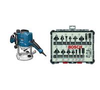 Bosch Professional GOF 1250 CE - Fresadora de superficie (en caja) + Set Mixto de Brocas de 15 Piezas (para madera, vástago de Ø 8 mm, Accesorios)