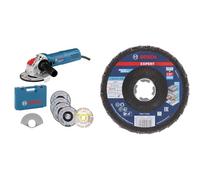 Bosch Professional GWX 750-125 - Amoladora angular (X-LOCK, Ø 125 mm, set 5 discos de corte, en L-Case) + Expert N475 SCM X-Lock - Disco de solapa (para acabado superficies metálicas, mediano)