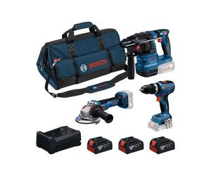 Bosch Professional Kit Combo 3 Herramientas con GSB 18V-65, 18V-22, GWS 18V-11, 3 Baterías 5.0Ah, Cargador y Bolsa