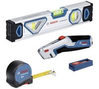 Bosch Professional Set de 4 herramientas – Nivel 25 cm, Cinta 5 m, Cuchillo y 10 hojas